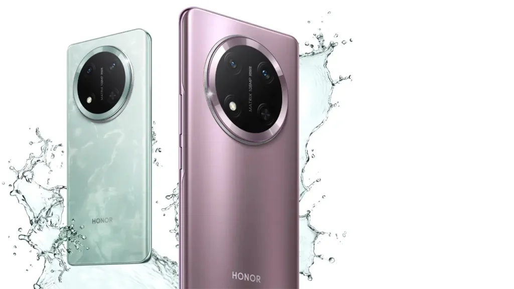 Honor smartphone in pink and mint colors with water splashes in the background – showcasing water resistance.