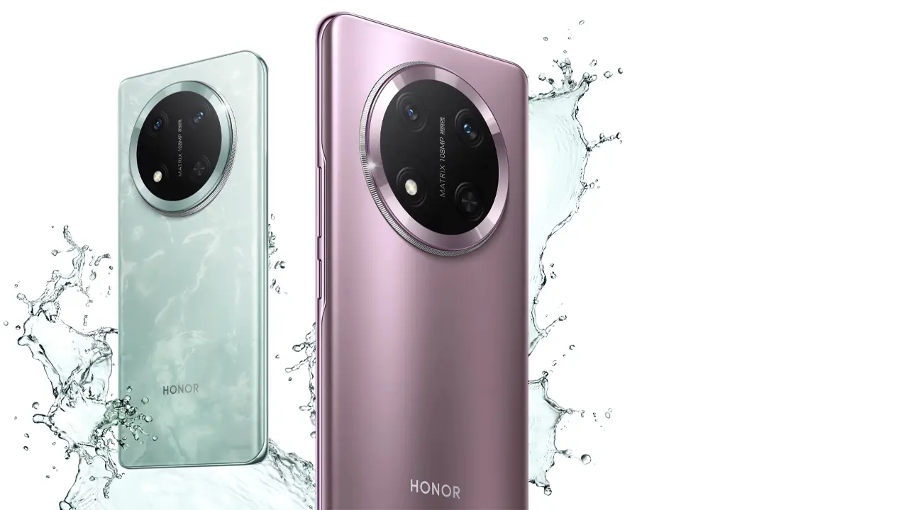 Honor smartphone in pink and mint colors with water splashes in the background – showcasing water resistance.