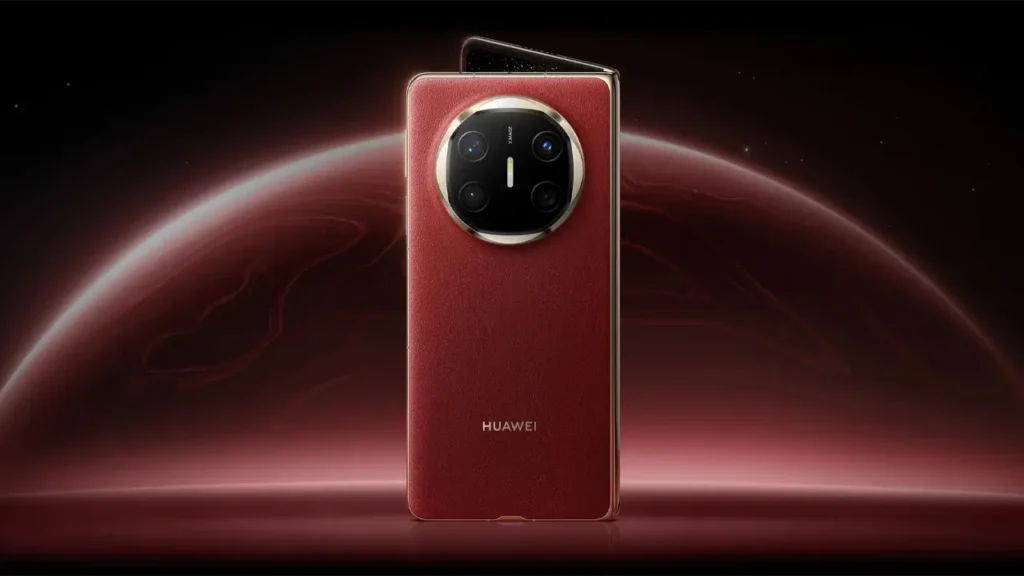Huawei Mate X6 foldable phone in red leather standing upright with cosmic background