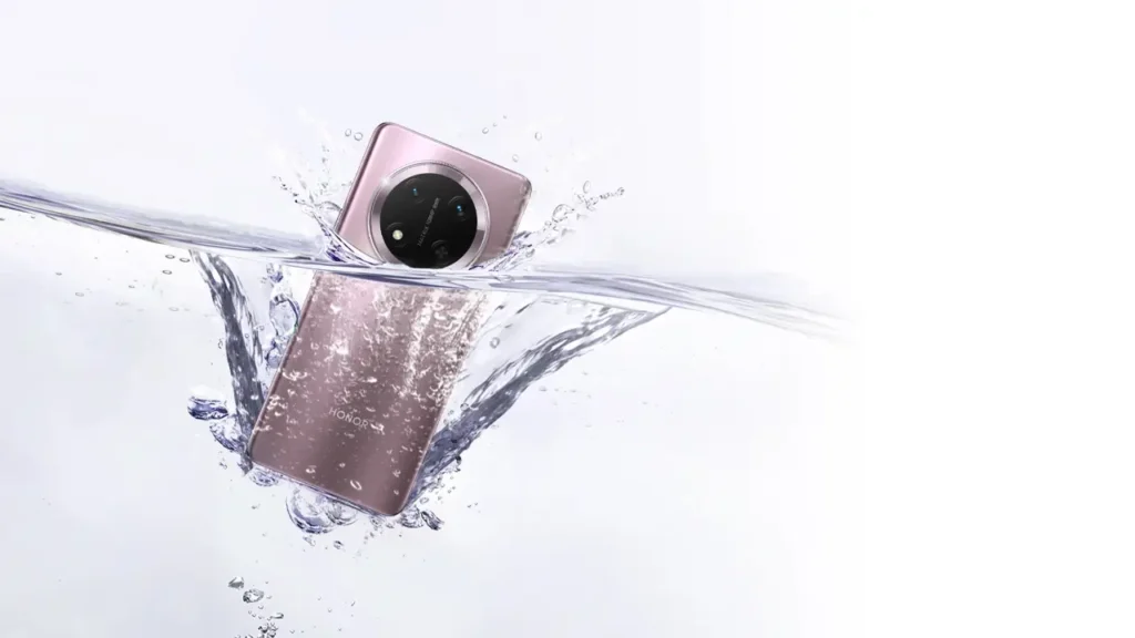 Honor smartphone plunging into water, emphasizing waterproof capabilities.