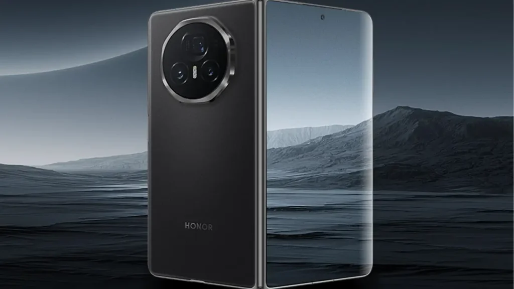 HONOR Magic V2 in folded position with mountain background, black variant.