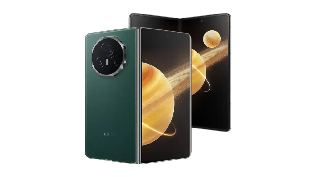 HONOR Magic V2 in green, shown open and closed with space-themed wallpaper.
