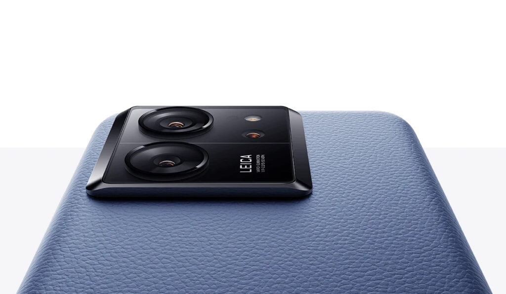 "Close-up of Leica camera system on Xiaomi phone with blue eco-leather back"