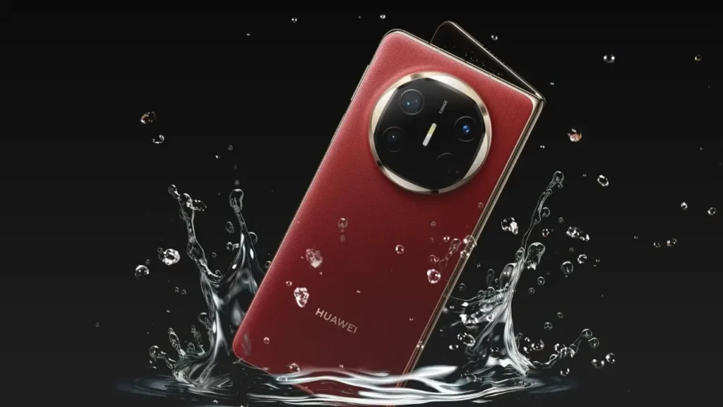 Huawei Mate X6 smartphone in red leather splashing into water, showcasing waterproof design