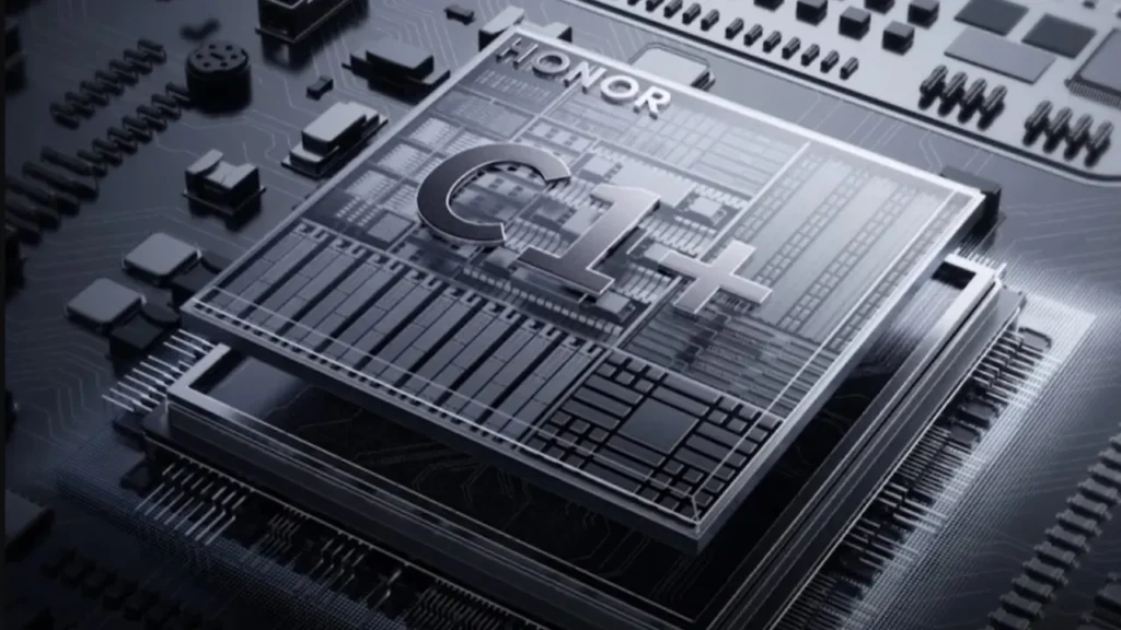 HONOR C1+ chipset close-up on motherboard background.