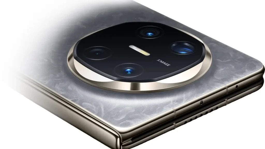 Close-up of Huawei Mate X6 camera module with triple-lens system on marble-finish back