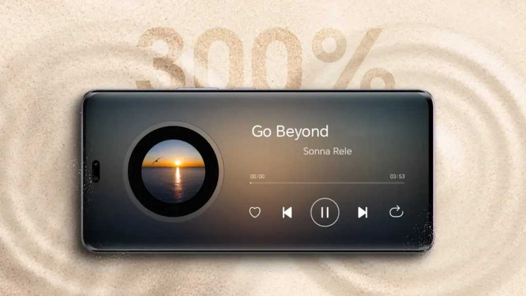 Honor smartphone with music player on screen, on sand background – showing speaker volume.