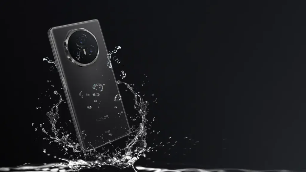 HONOR Magic V2 smartphone in water, demonstrating water resistance.