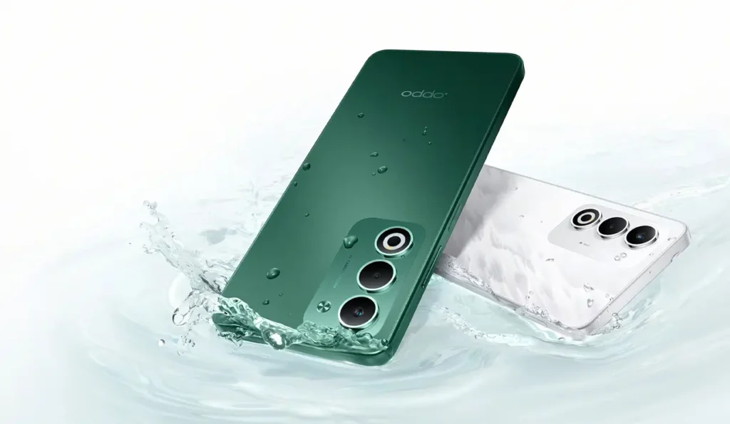 OPPO A5 smartphone in green and white color variants with water splash