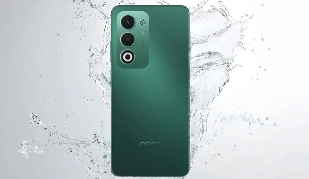 Green OPPO A5 back panel with triple camera and water splash