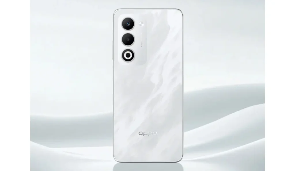 OPPO A5 in white with marble-like finish on smooth background